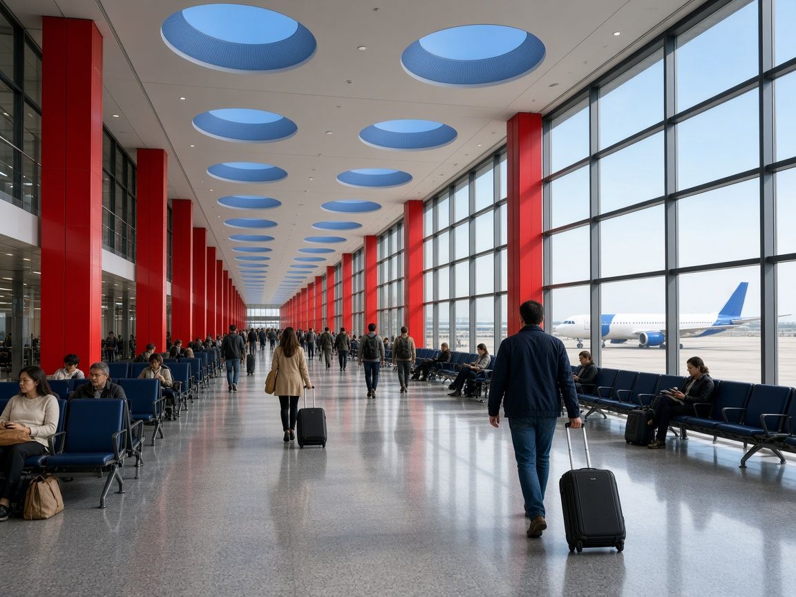 Travelers walking through a sunlit airport concourse