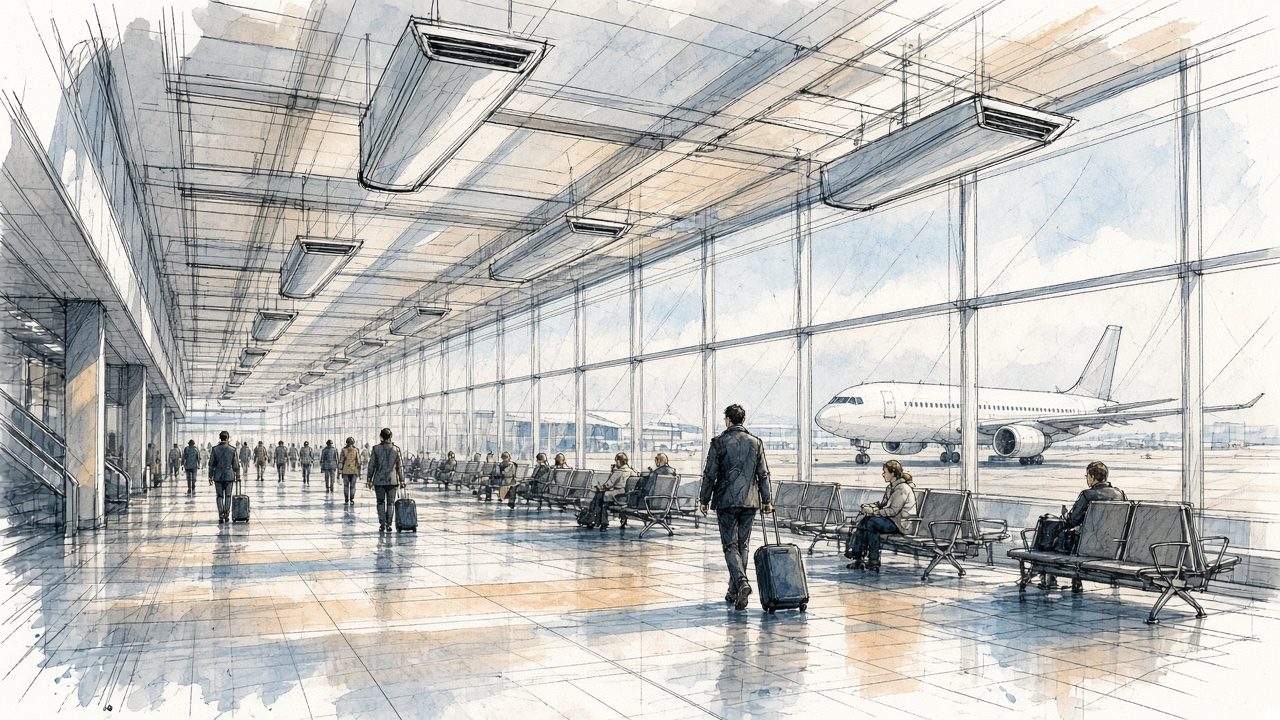 Travelers in an airport concourse