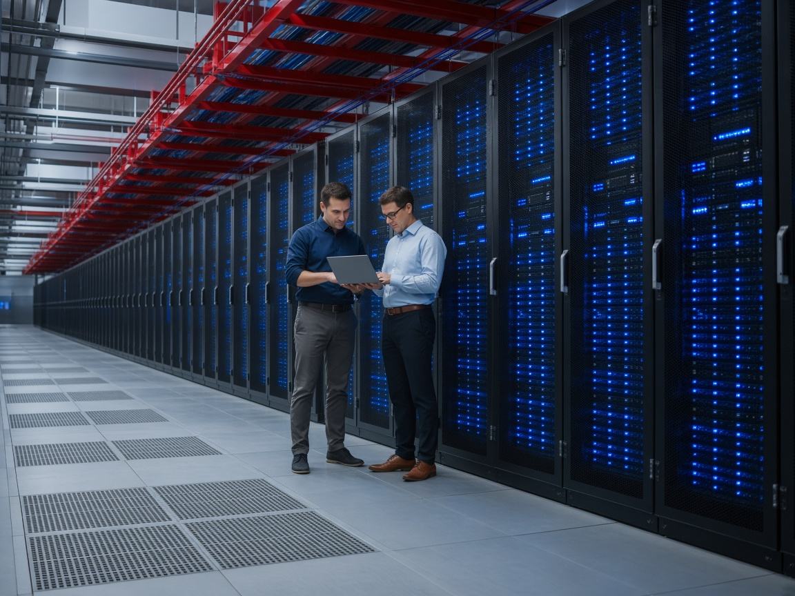 IT staff walking between server racks in a data center