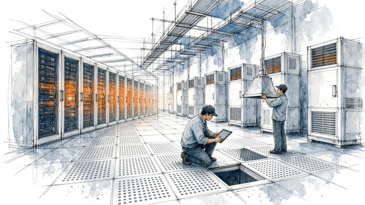 Technicians checking airflow in a data center