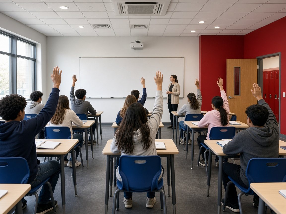 Students learning together in a bright classroom