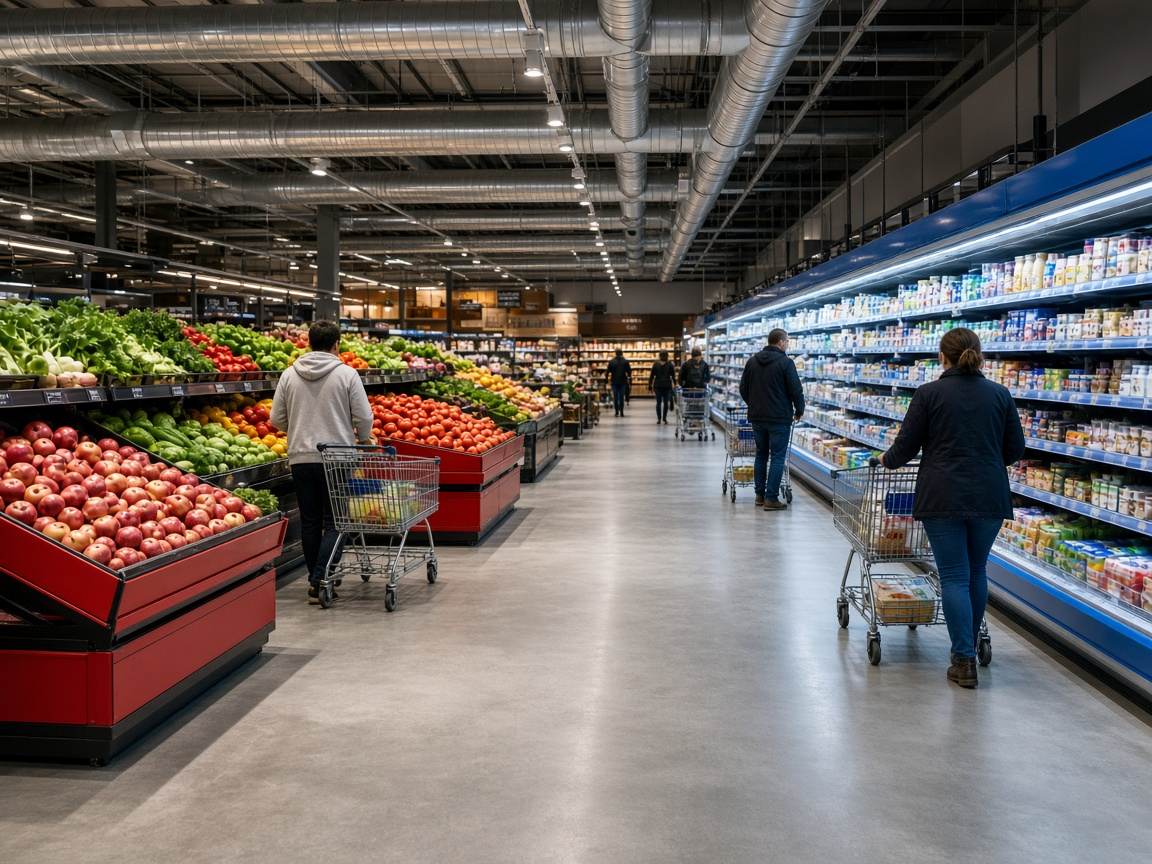 Shoppers browsing fresh produce in a grocery store