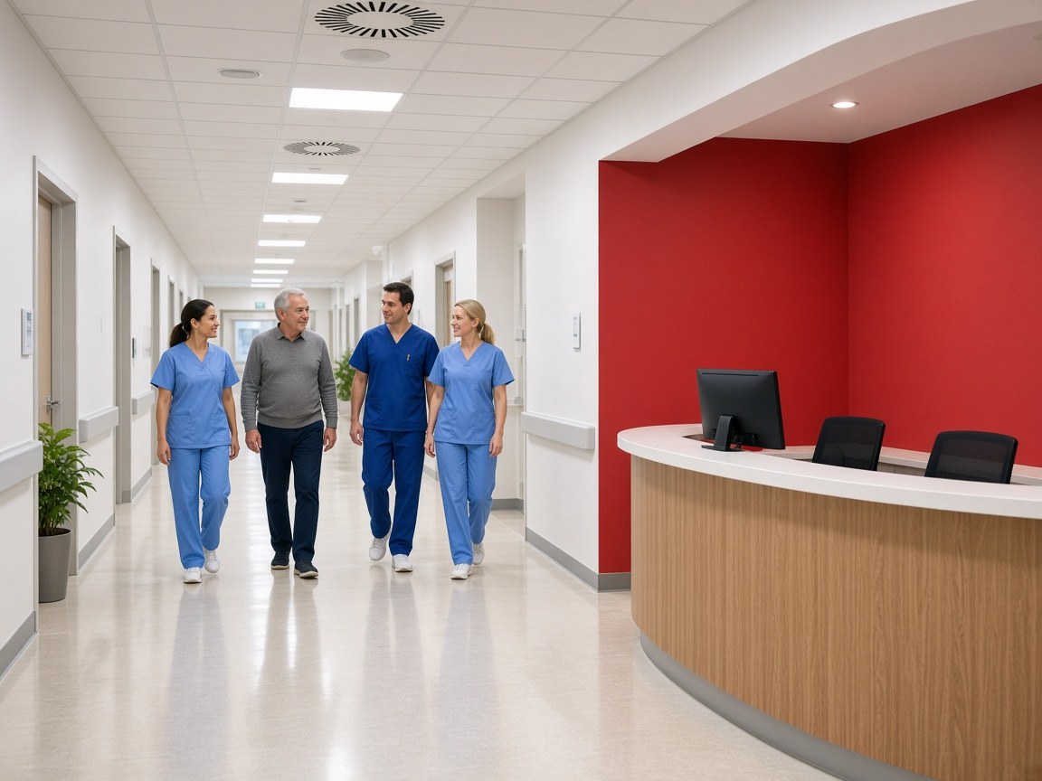 Clinicians caring for a patient in a modern hospital room