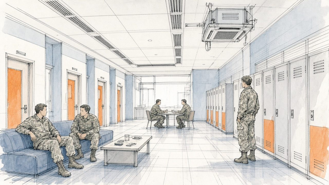 Soldiers in a barracks dayroom